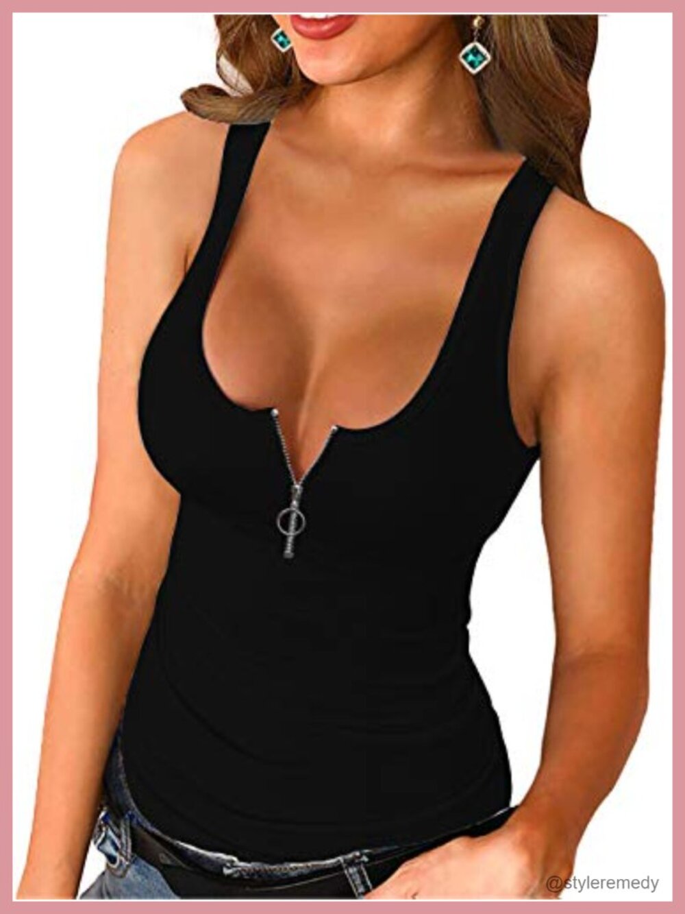 Lightweight Ribbed Scoop Neck Tank Top with Button/Zipper Front
